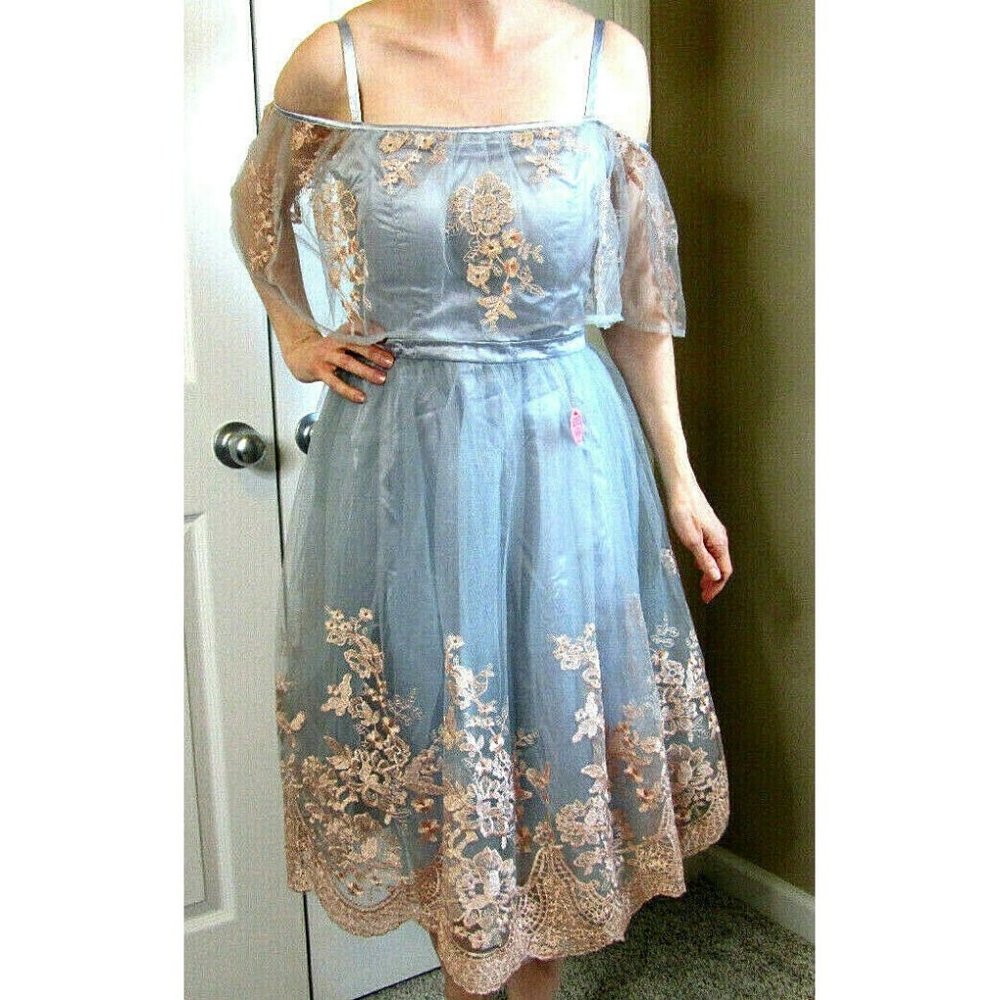 Vintage Chi Chi Prom Dress Size 6 Blue Gray Lolita Embroidery Party British NWT